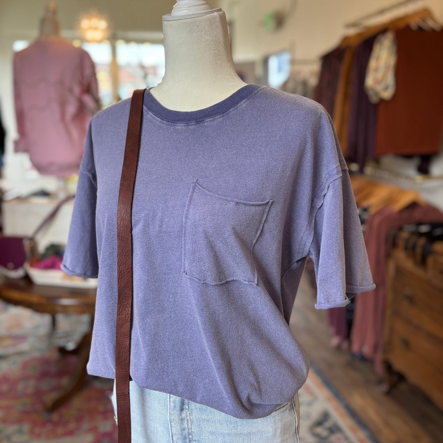 Short Sleeve Front Pocket Tunic Tee-DUSTY INDIGO