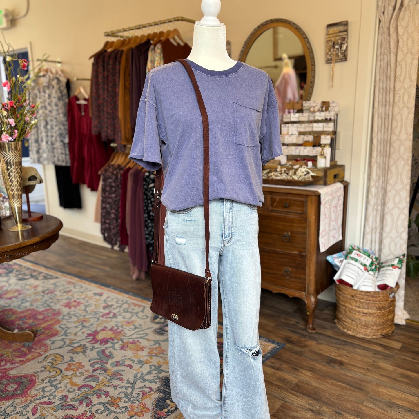 Short Sleeve Front Pocket Tunic Tee-DUSTY INDIGO