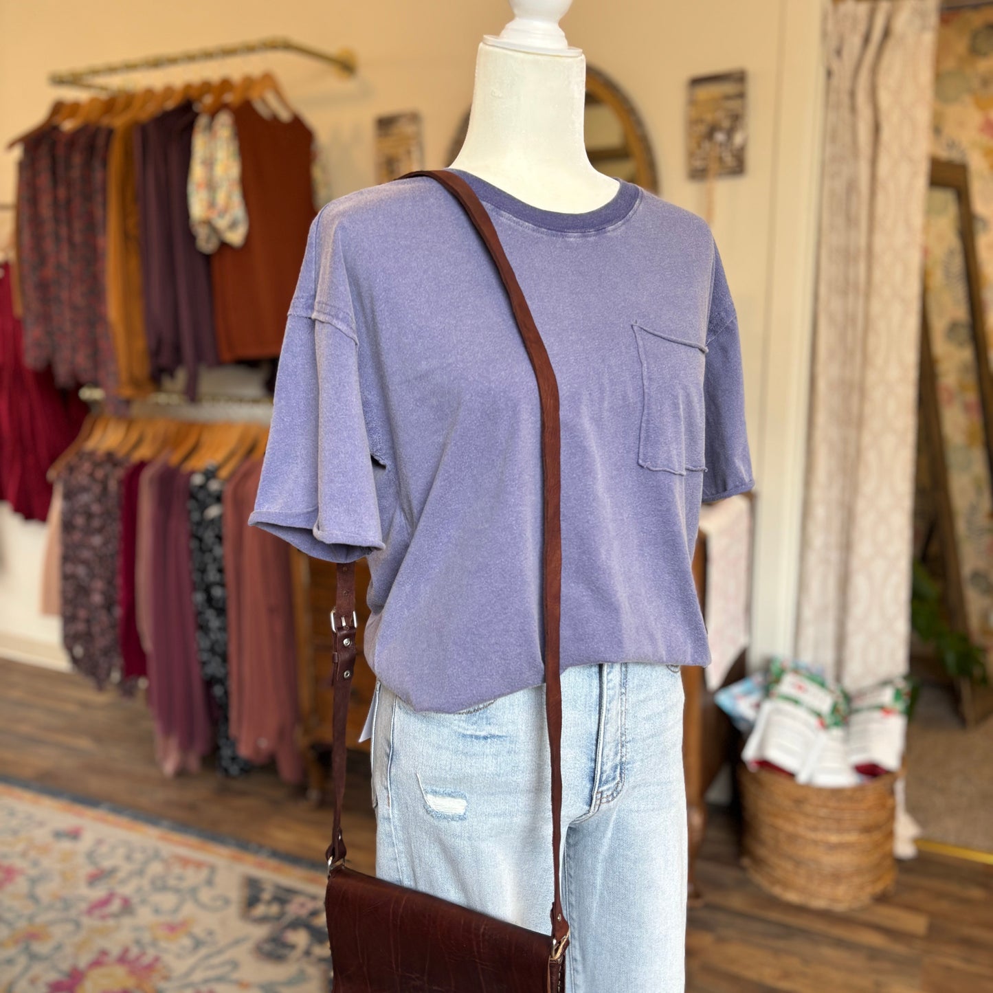 Short Sleeve Front Pocket Tunic Tee-DUSTY INDIGO