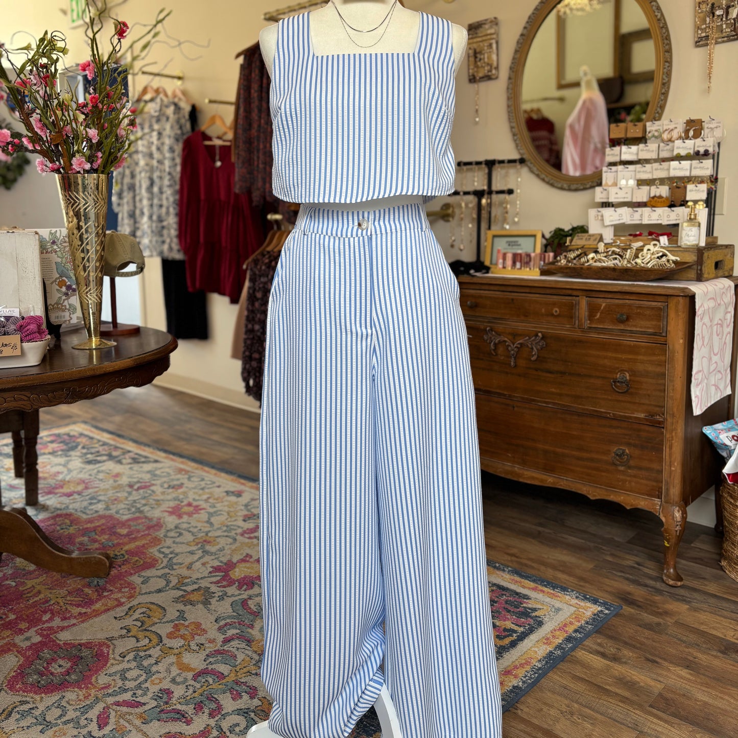 Textured Striped Wide Leg Pants/Set