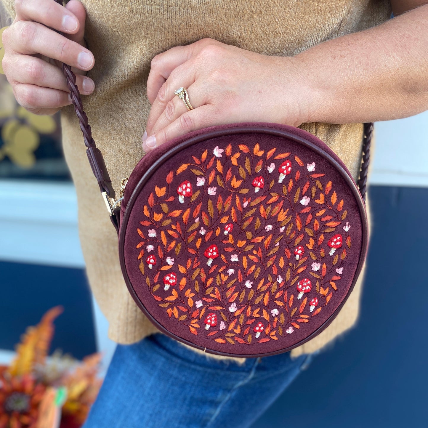 Magical Mushroom Embroidered Burgundy Circle Purse by Fable