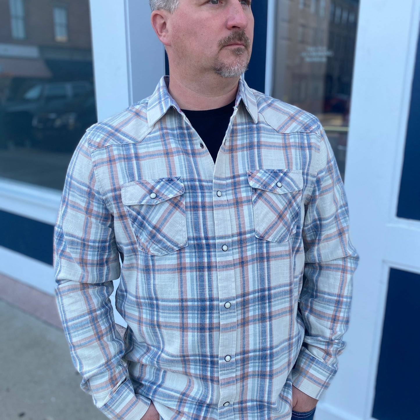 Sunfair Vintage Wash Western Shirt in Cream, Mauve and Navy by Flag & Anthem