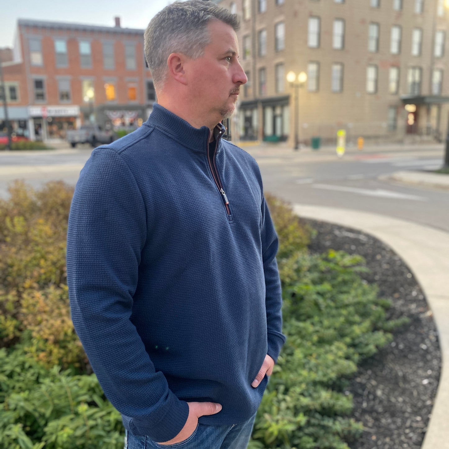 Warren Quarter Zip Mock Neck Pullover in Navy by Flag & Anthem