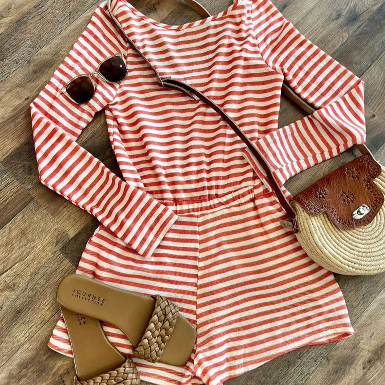 Orange Stripe Print Open Back Romper