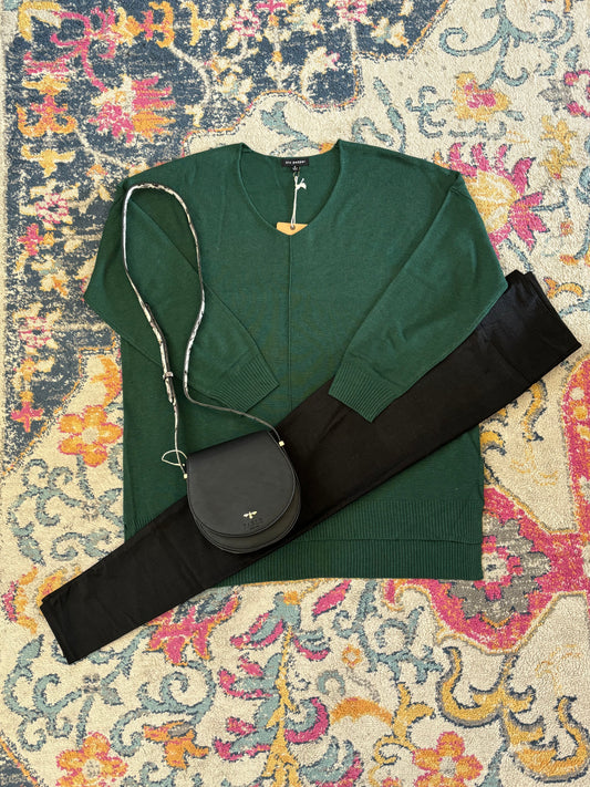 Oversized V-Neck Sweater in Forrest Green