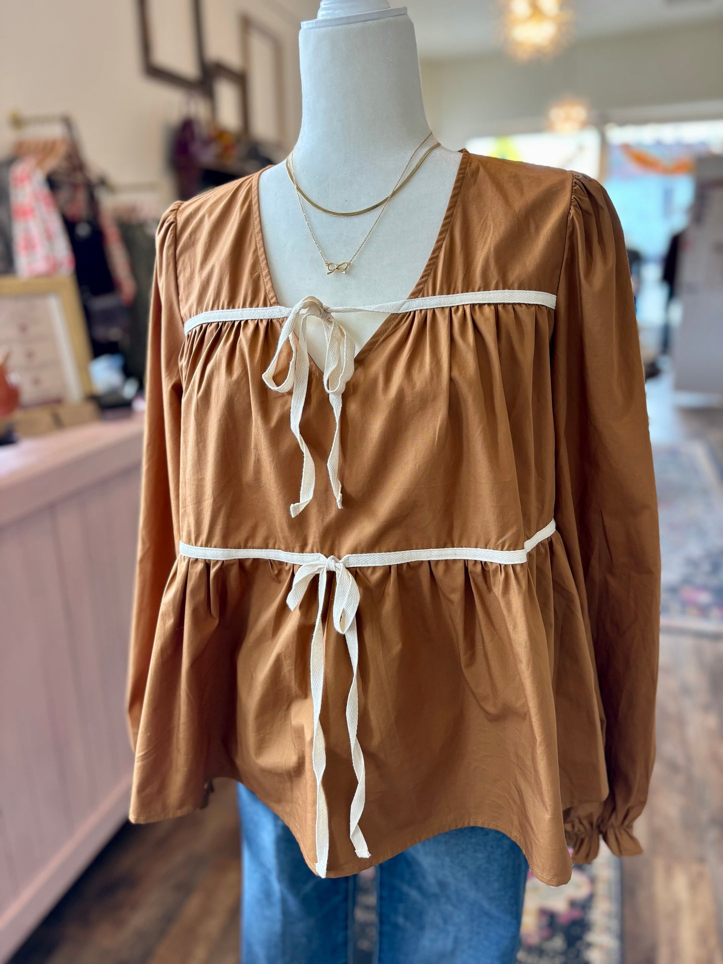 Contrast Front Double Tie Blouse in Camel