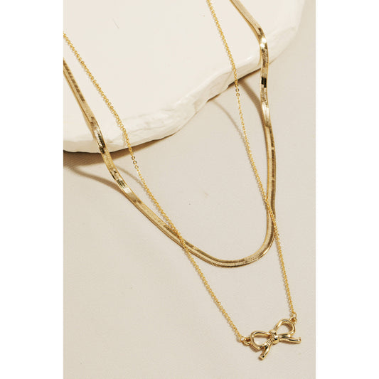 Chain Layered Ribbon Bow Pendant Necklace in Gold