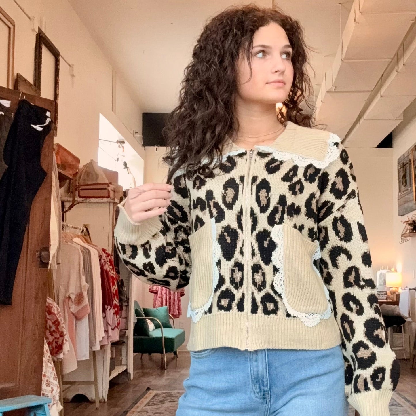 Talia Vintage Leopard zipper Cardigan