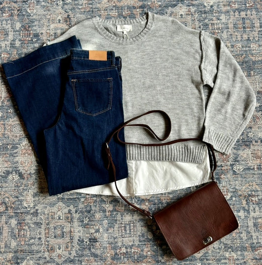 Mixed Media Relaxed Fit Sweater in Grey