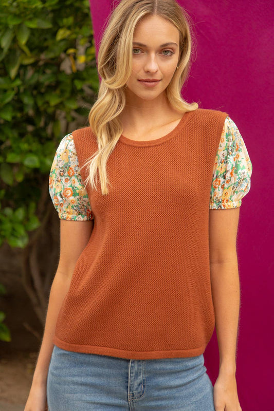 Rust Top with Floral Sleeves