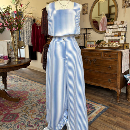 Textured Striped Wide Leg Pants/Set