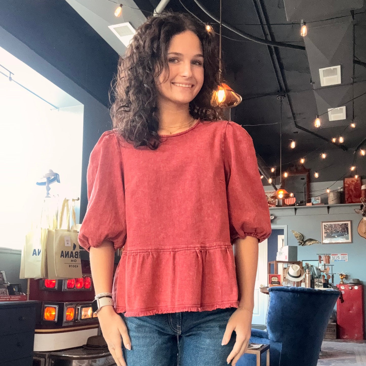 SCARLETT RUFFLE BACK BUTTON BLOUSE