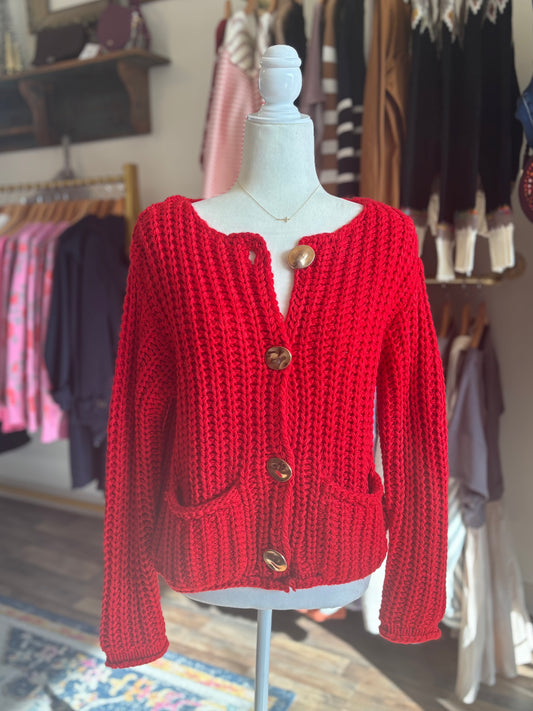 Button-Up Knit Cardigan in Red