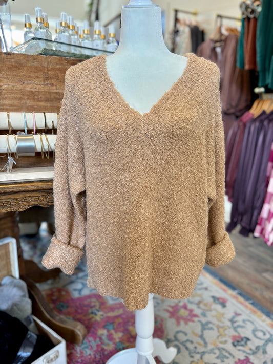 Cozy Relaxed Fit V-Neck Teddy Bear Sweater in Tan