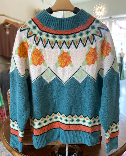 MINT MOCK NECK FAIR ISLE SWEATER  SMALL/MED