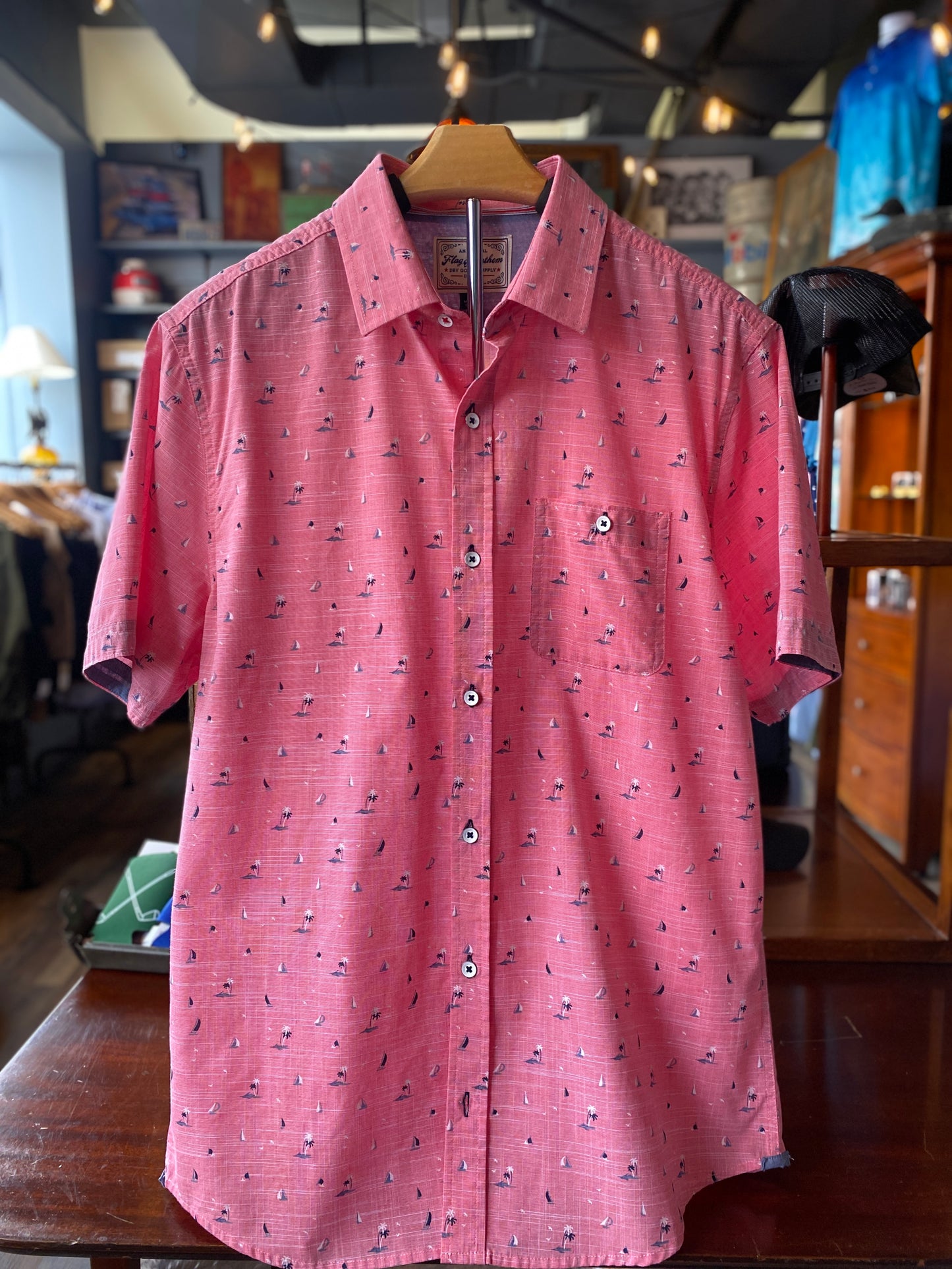 PINK PALM TREE SHORT SLEEVE BUTTON UP by FLAG & ANTHEM