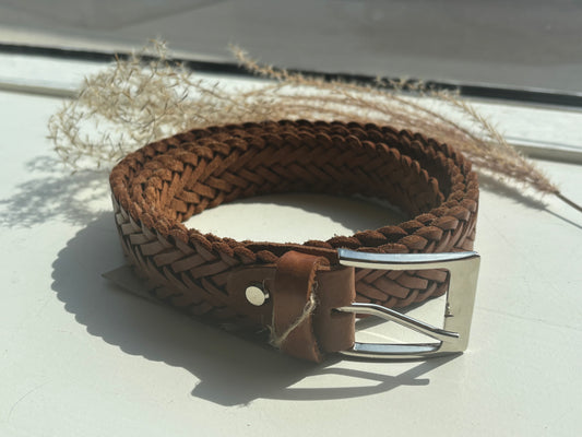 Ladies Braided Leather Belt - Tan / 40"-45"