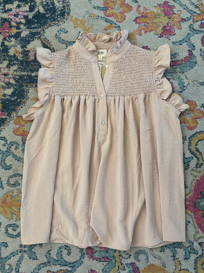 TAUPE CRINKLE GAUZE SMOCKED TOP