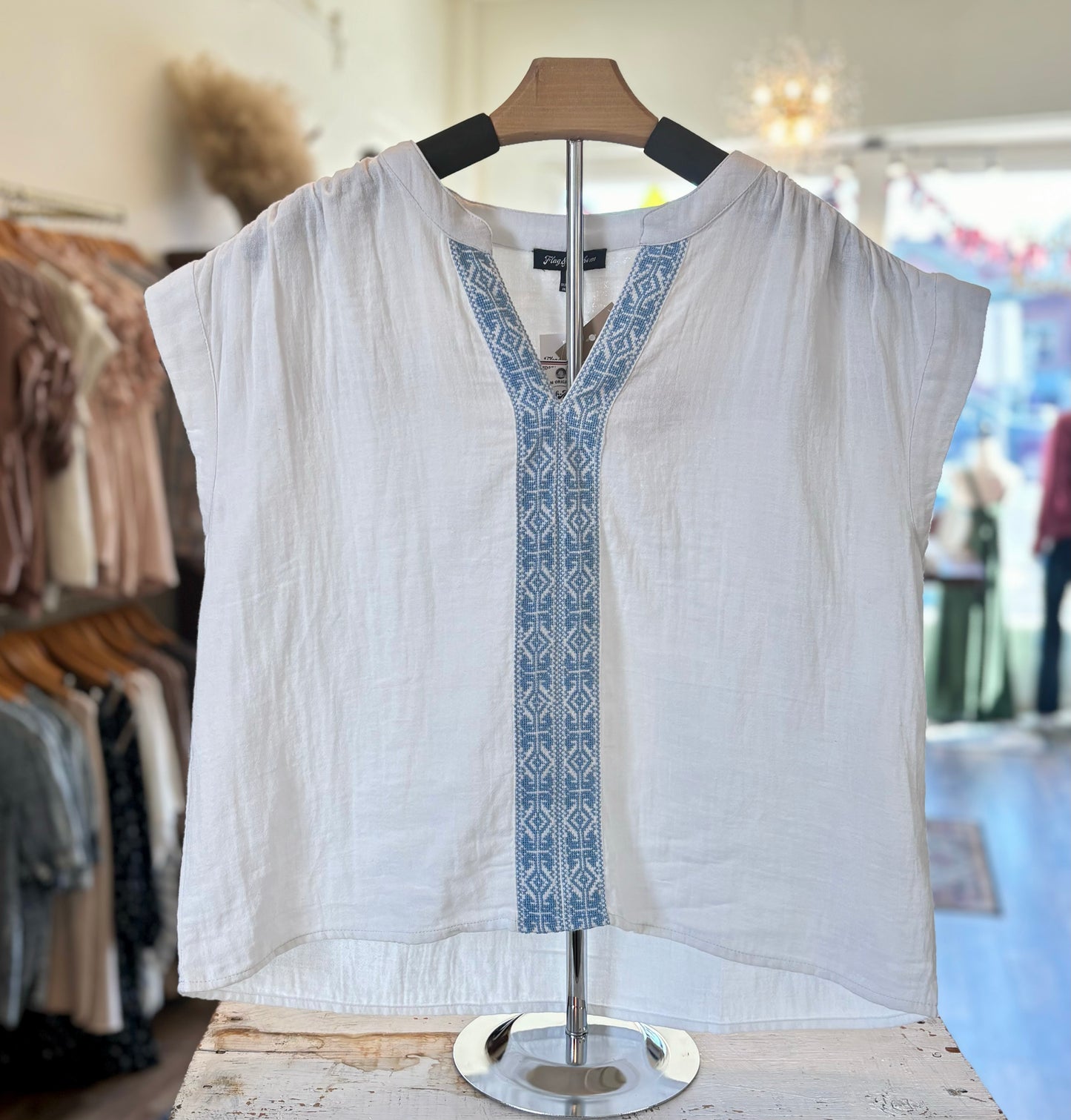 WHITE & BLUE ANNIEVILLE EMBROIDERED GAUZE BLOUSE FROM FLAG & ANTHEM