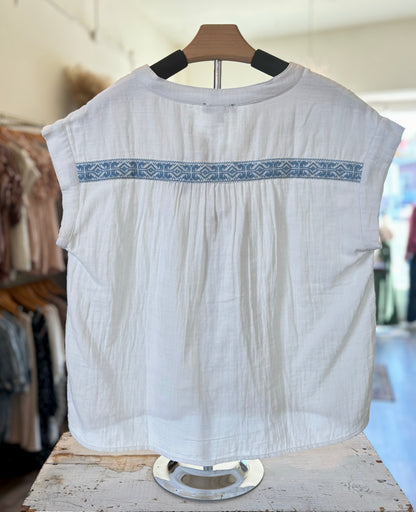 WHITE & BLUE ANNIEVILLE EMBROIDERED GAUZE BLOUSE FROM FLAG & ANTHEM