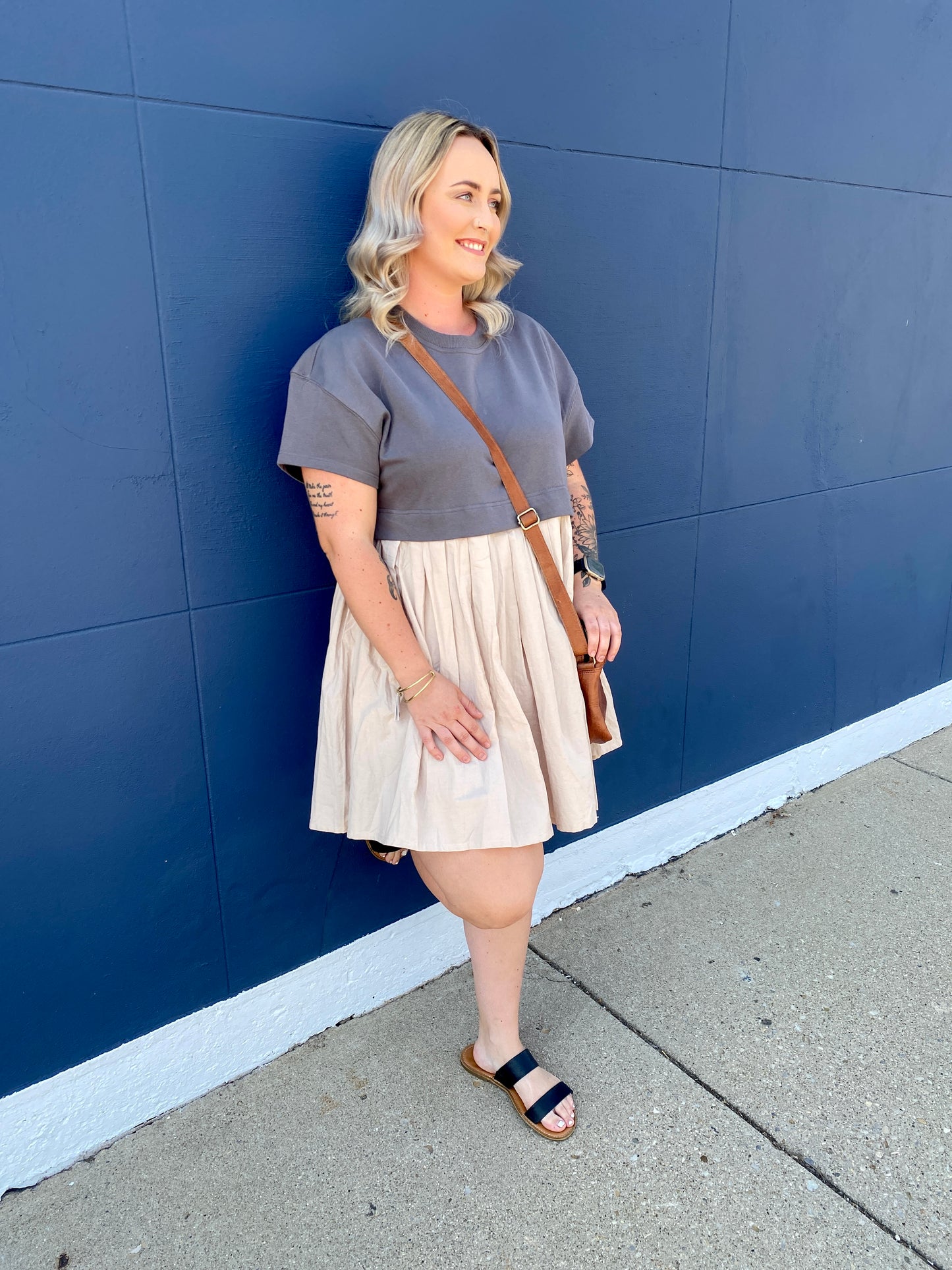 CHARCOAL/CREAM COLOR BLOCK FRENCH TERRY MINI DRESS