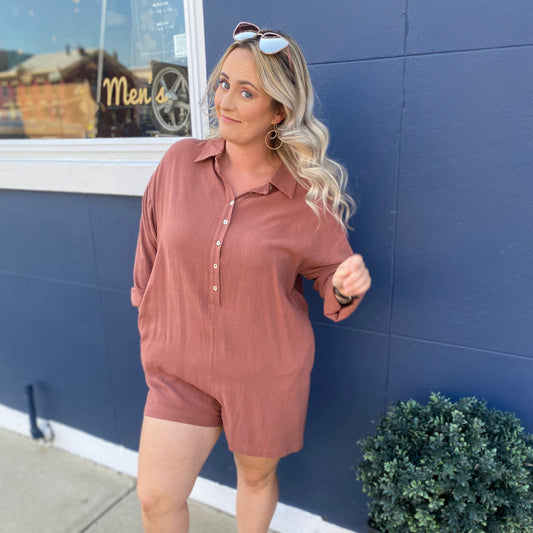 BRICK BUTTON-UP LINEN SHORTS ROMPER