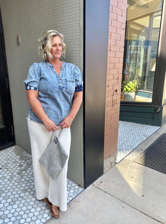 WASHED DENIM V-NECK BLOUSE