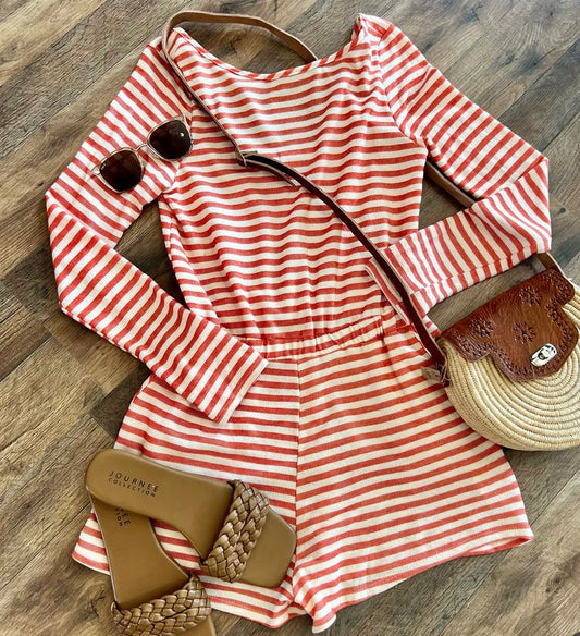 Orange Stripe Print Open Back Romper