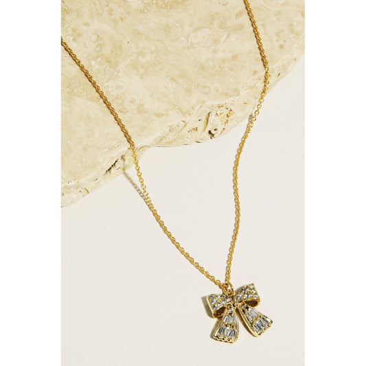 Rhinestone Ribbon Bow Pendant Necklace in Gold