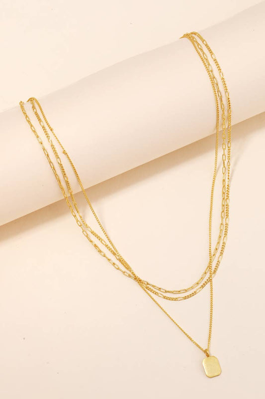 Layered Chain Link Rectangle Pendant Necklace in Gold